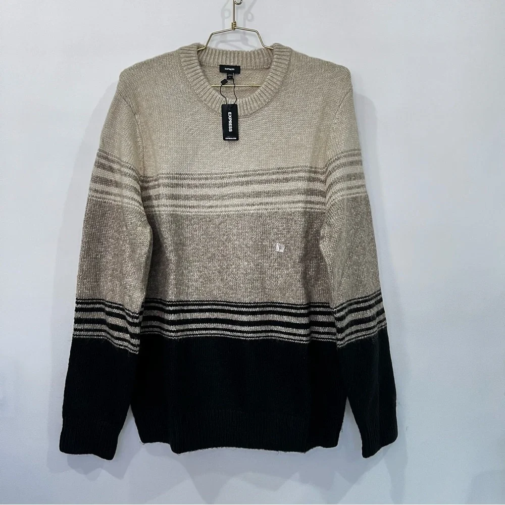 Express Crew-Neck Color-Block Thick Sweater Size Large Brown Black Warm